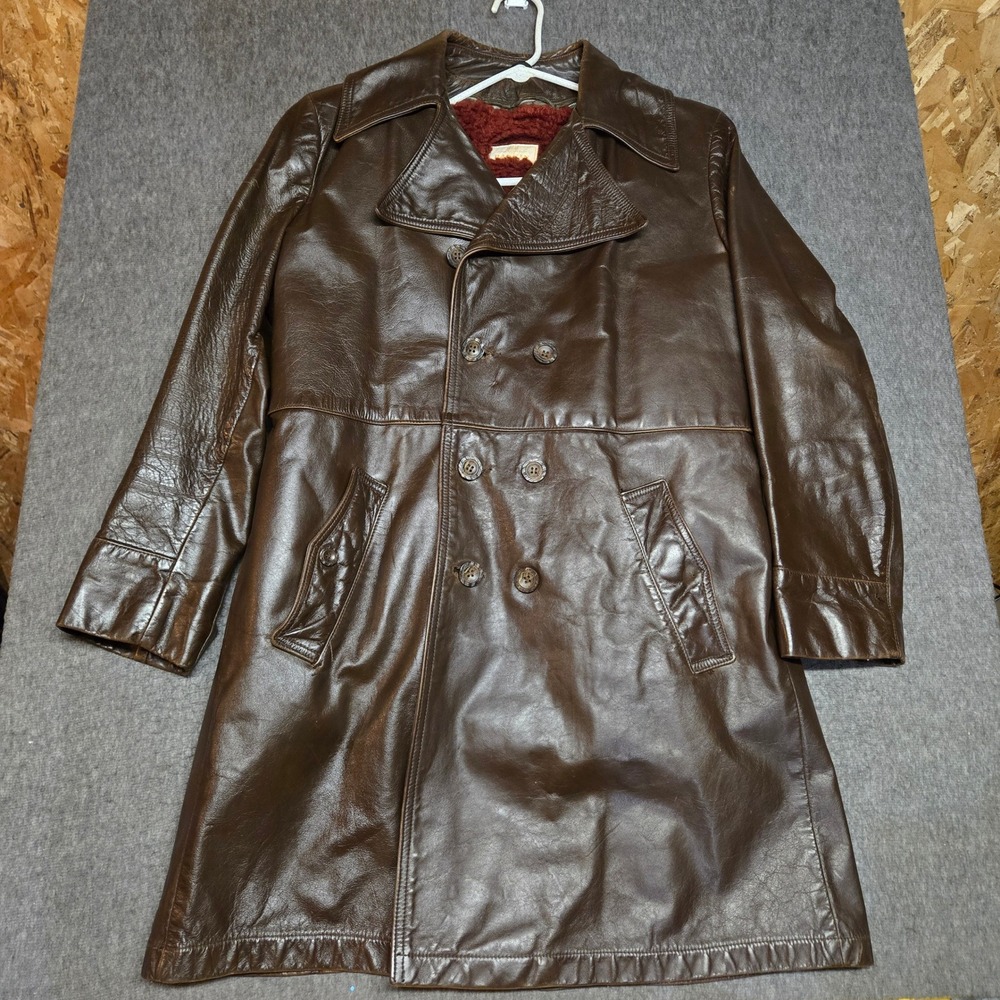 Vintage 70s Leather Trench Coat Mens L Brown Pile Lined Dean Winchester READ